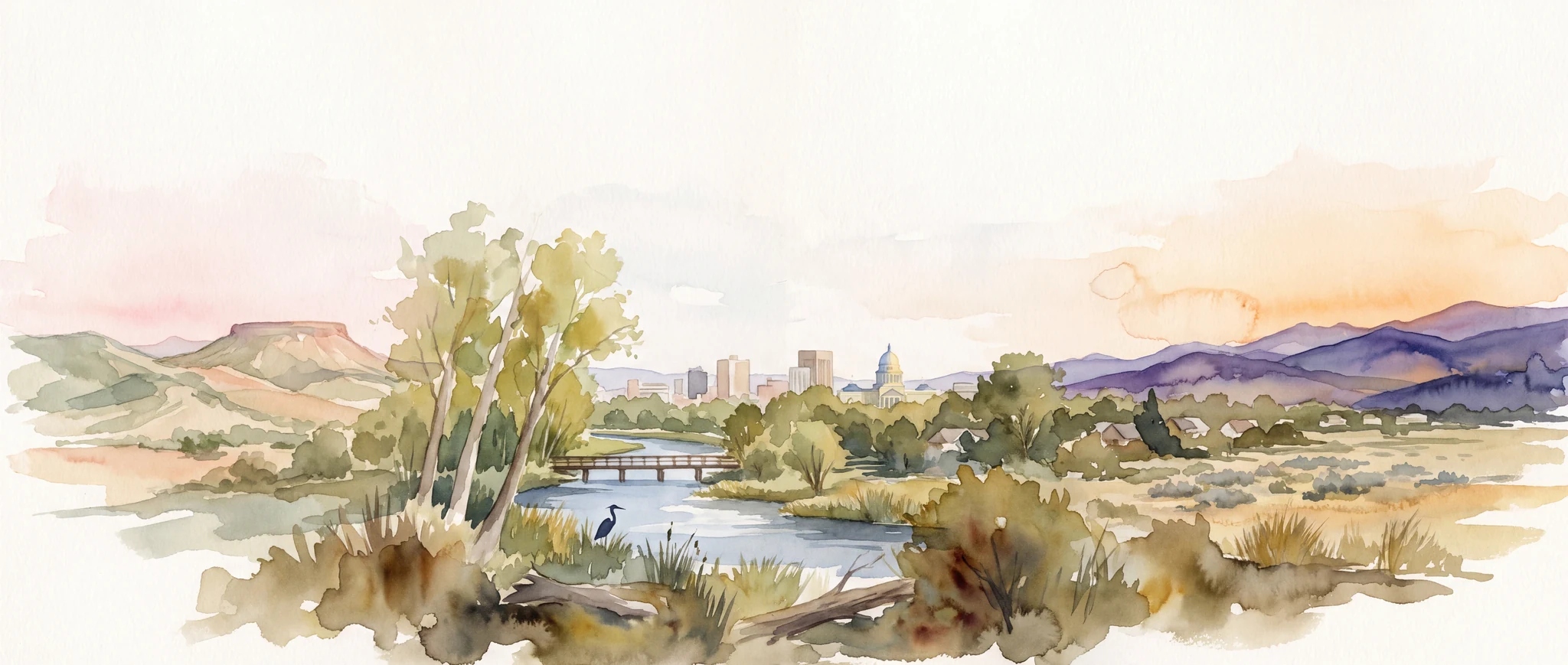 A watercolour panorama of Boise from the foothills at dawn, along the river past downtown and the Capitol, to the Boise Front at dusk.